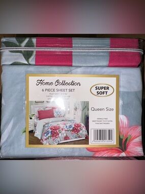 Home Collection Floral Queen Sheet Set in Pink & Light Blue